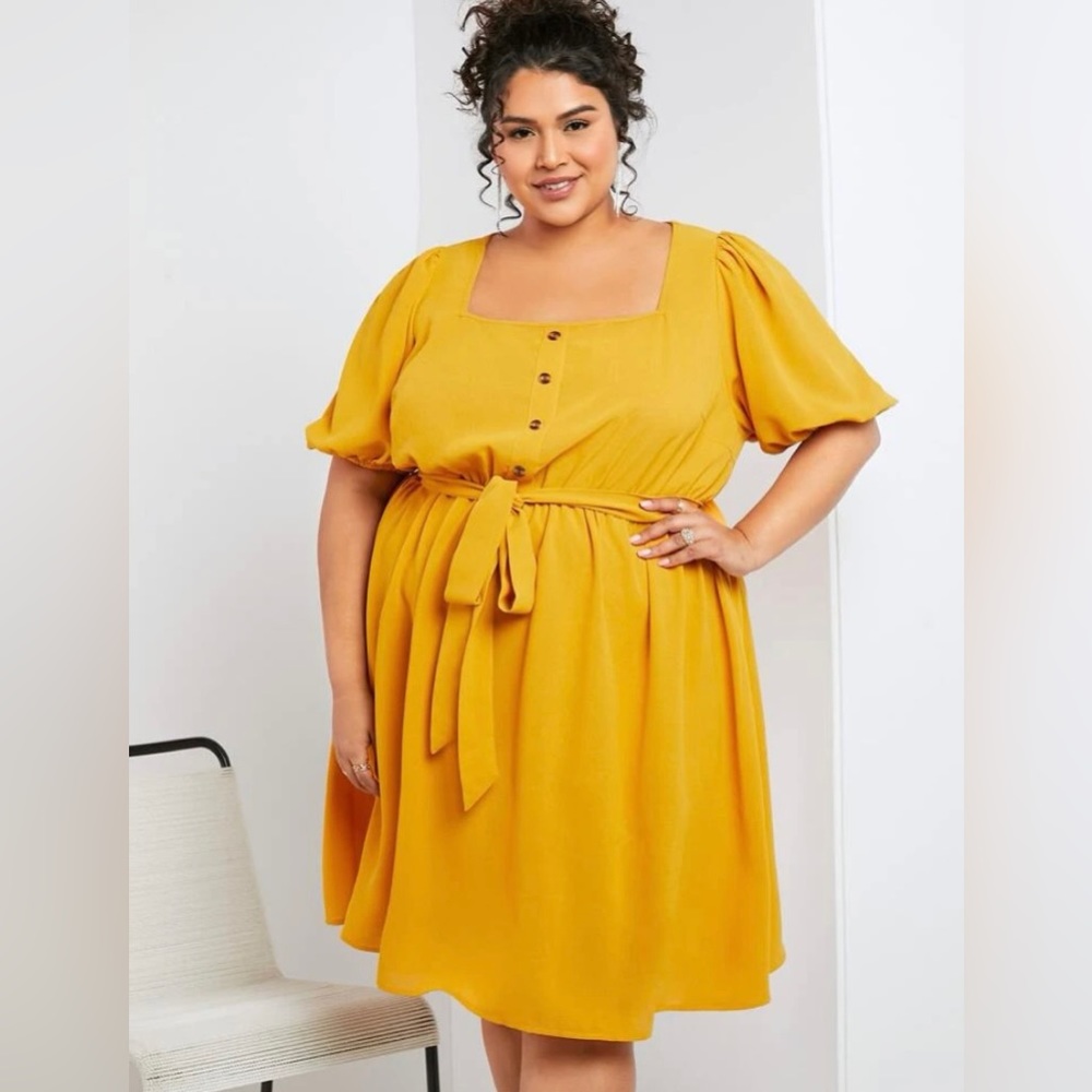 SHEIN FIT+ Plus Square Neck Puff Sleeve Belted Dress